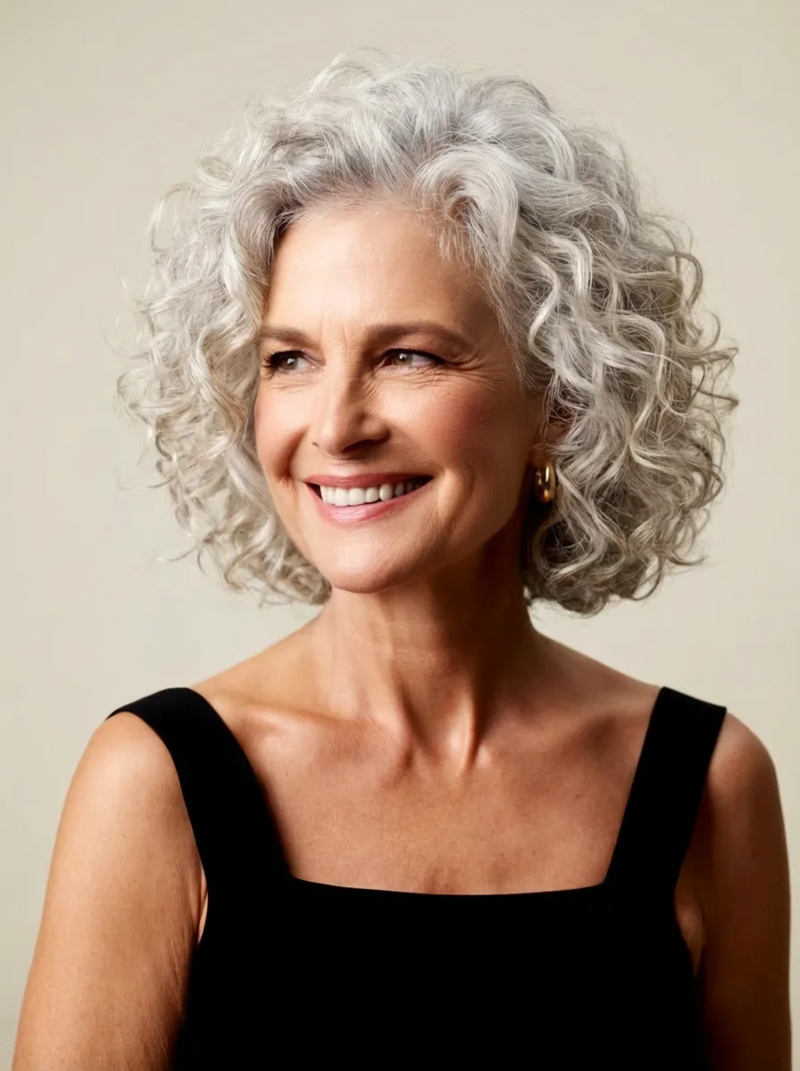 Voluminous Silver Frost Chin-Length Curly Bob